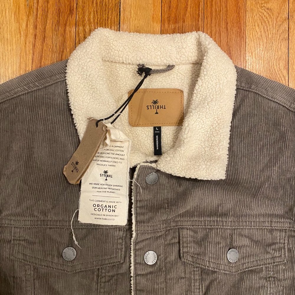 NWTs Thrills Sherpa Wanderer Jacket Corduroy Denim Jacket Pewter - Picture 2 of 6